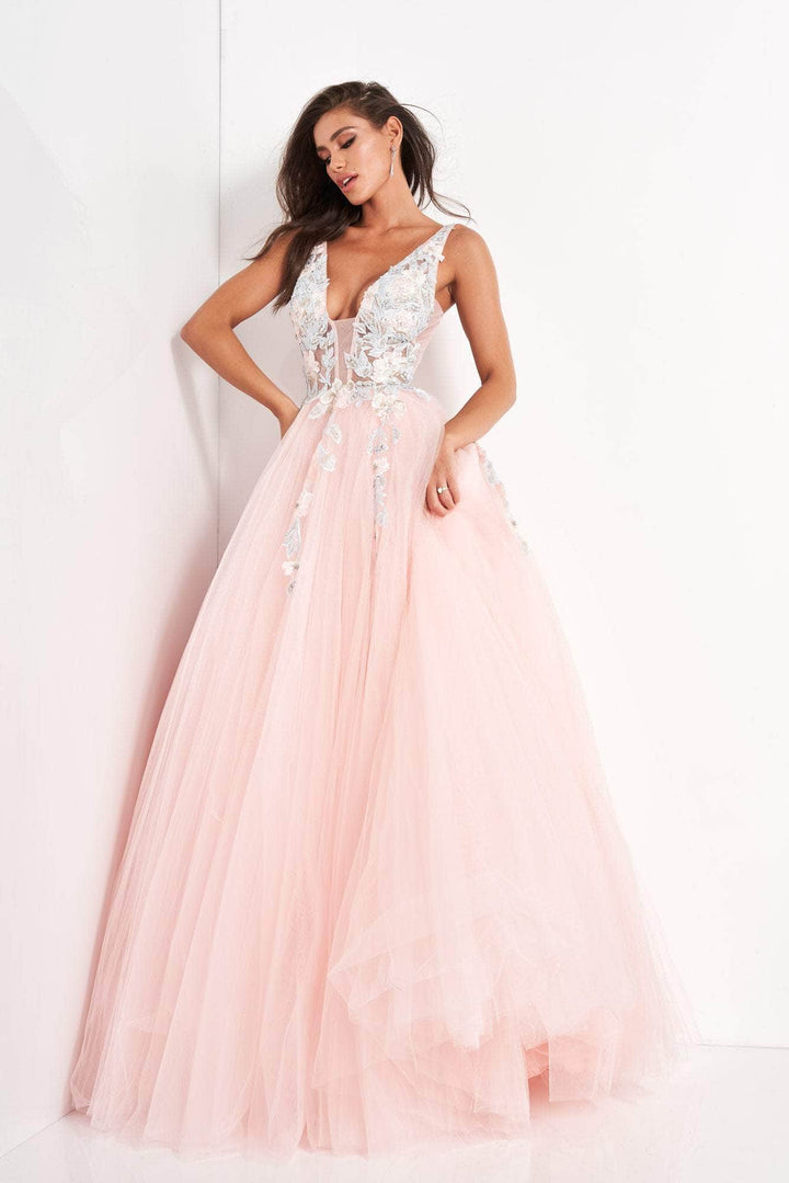 Jovani - 11092 Floral Embroidered Plunging V-Neck Ballgown - FOSTANI