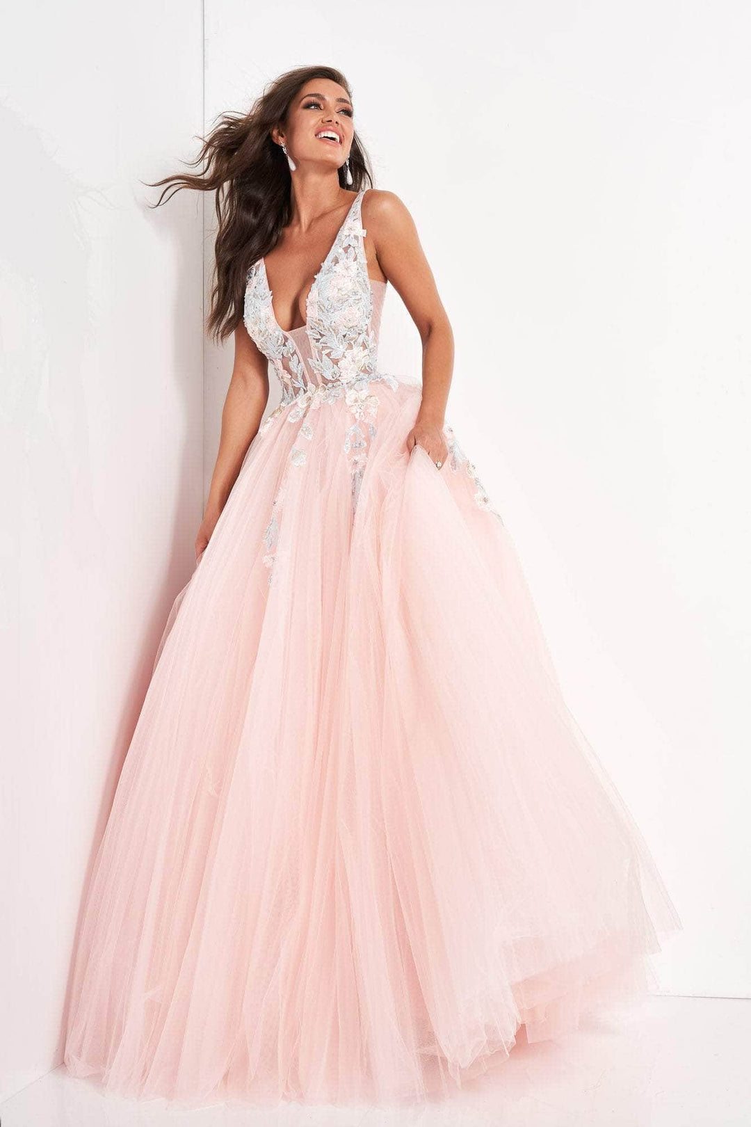 Jovani - 11092 Floral Embroidered Plunging V-Neck Ballgown - FOSTANI