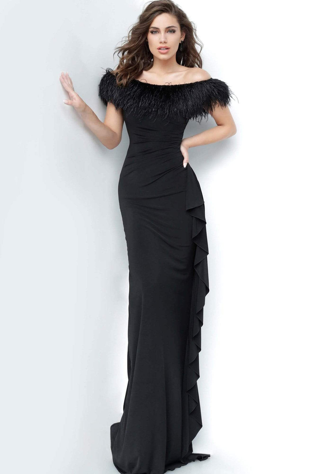 Jovani - 1147 Off-Shoulder Feather Sheath Dress - FOSTANI