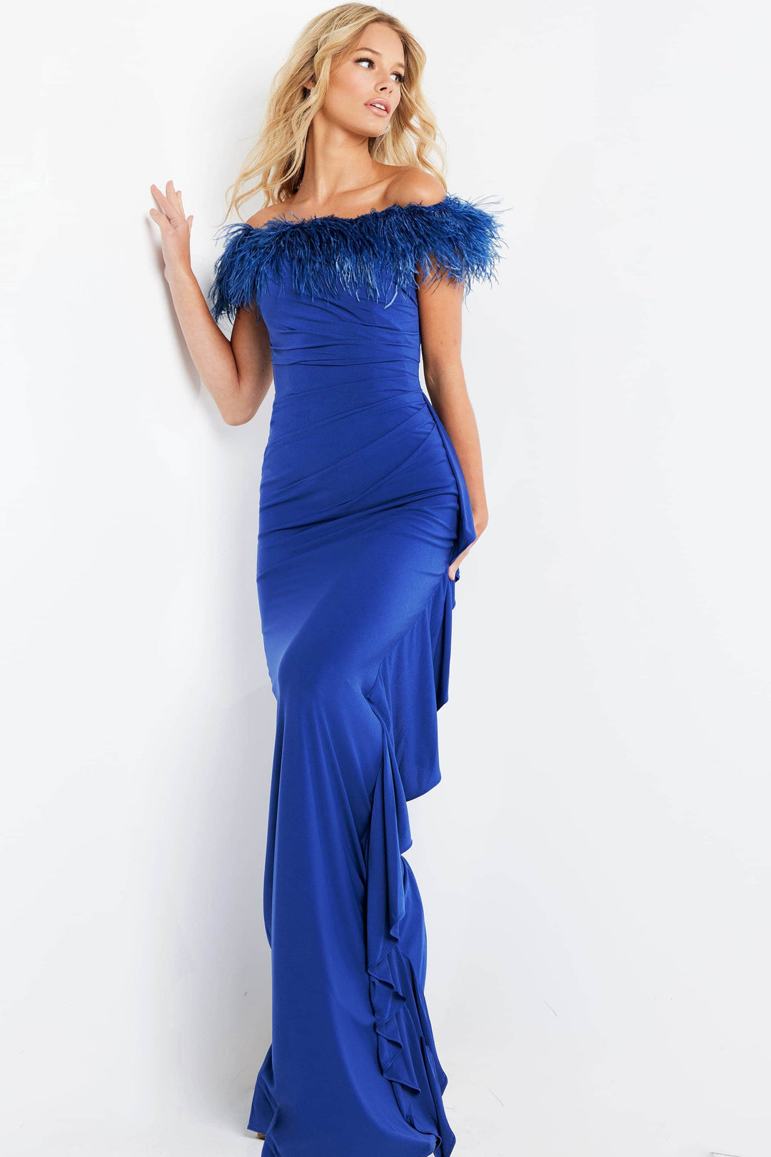 Jovani - 1147 Off-Shoulder Feather Sheath Dress - FOSTANI