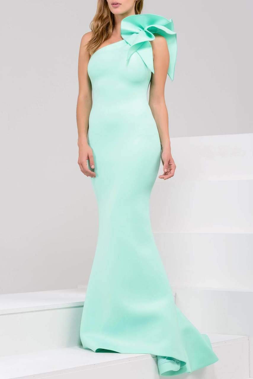 Jovani - 32602 Bow Accented Asymmetrical Mermaid Gown - FOSTANI