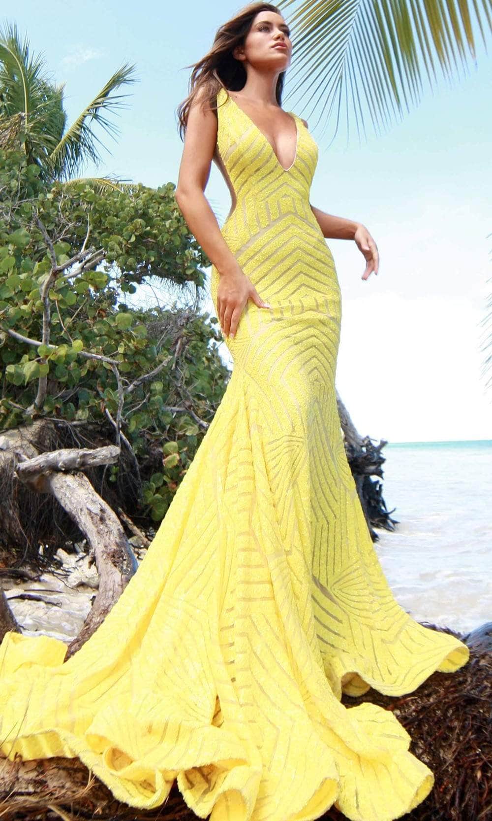 jovani yellow sequin dress Jovani 08153 Yellow Glitter High Slit Dress