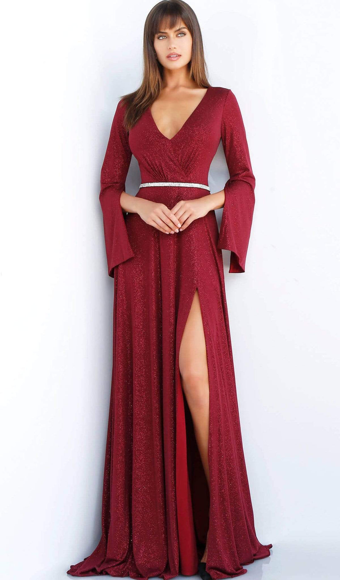 Jovani - 63124 Split Long Sleeve Glitter High Slit Gown - FOSTANI