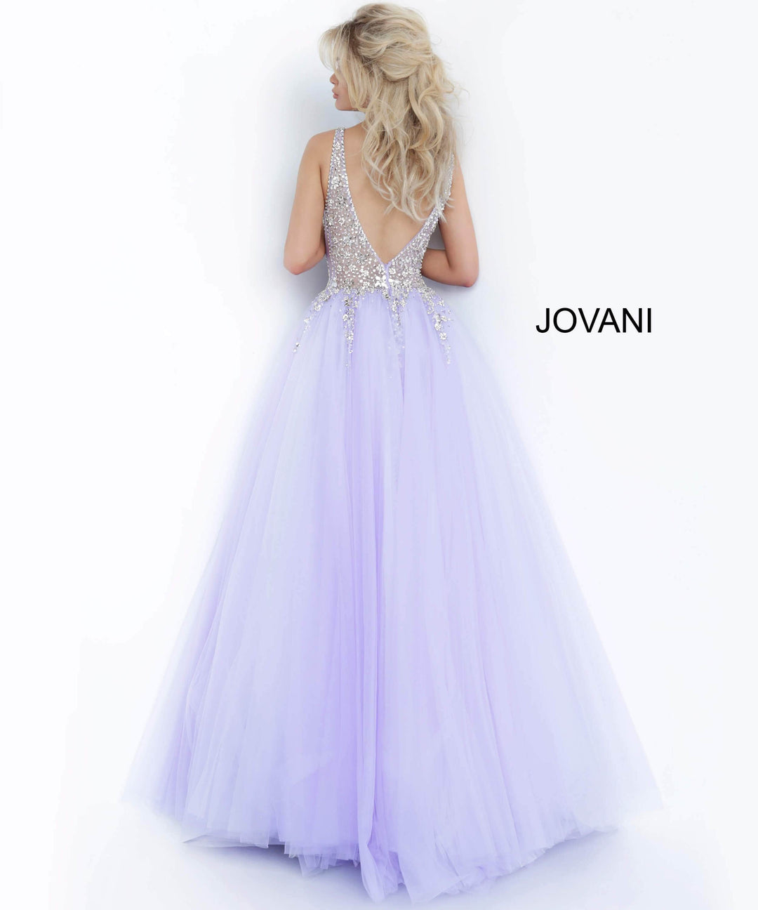 Jovani - 65379 Crystal Embellished Plunging V-neck Ballgown - FOSTANI