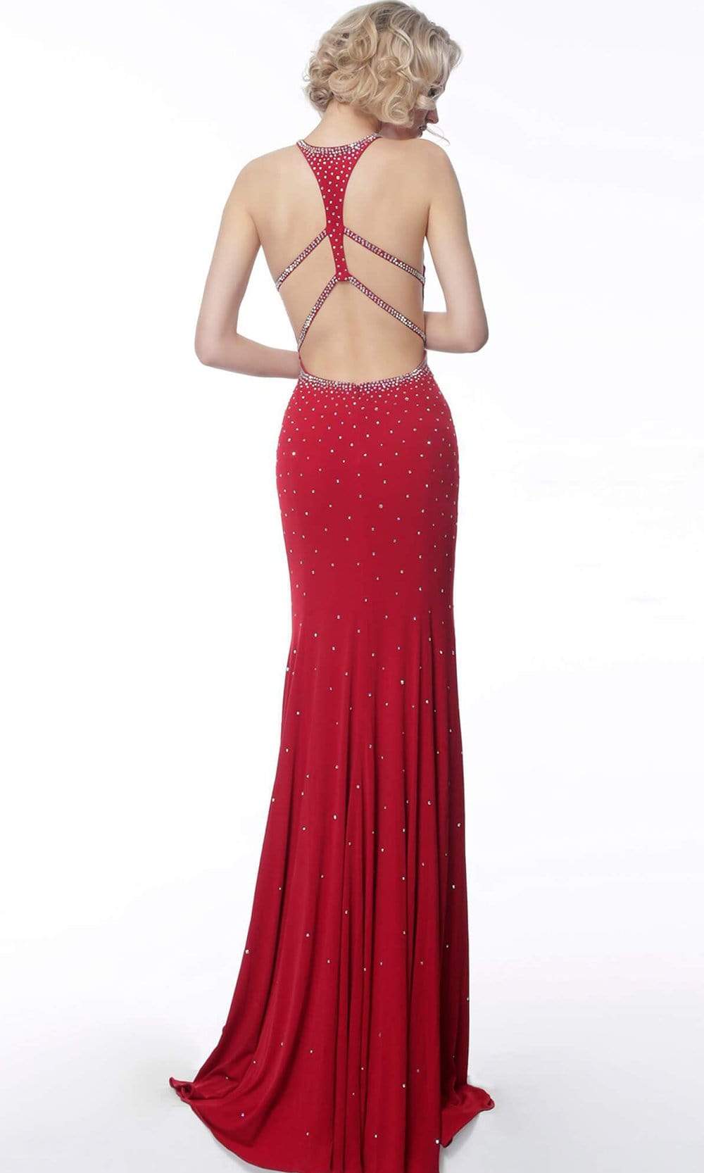 Jovani - 67101 Beaded Halter Jersey Trumpet Dress - FOSTANI