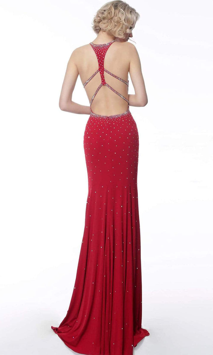 Jovani - 67101 Beaded Halter Jersey Trumpet Dress - FOSTANI