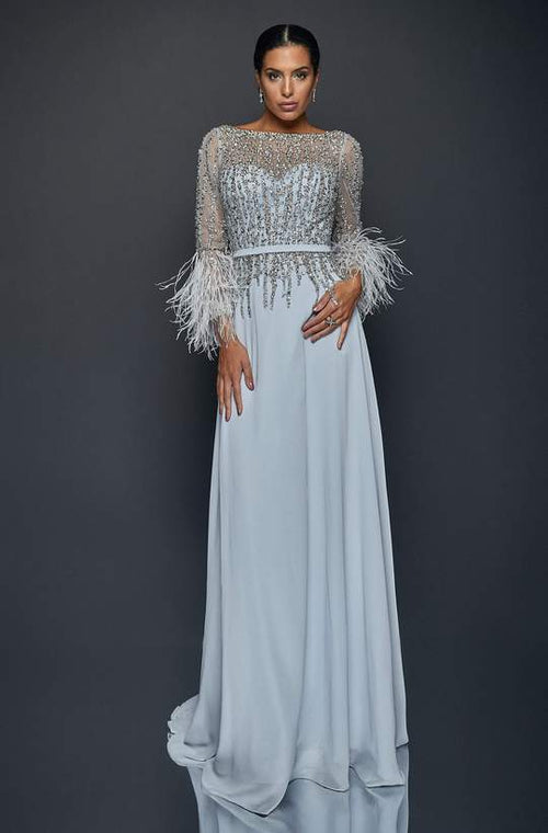 Terani 1921M0473 Beaded Illusion Feather Cuff Mother of the Bride Gown