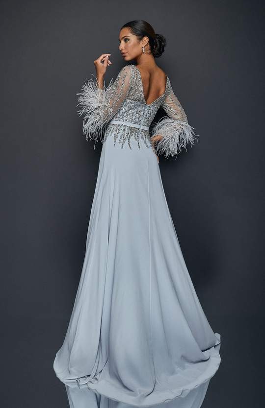 TERANI COUTURE 1921M0473 FEATHER-FRINGED LONG SLEEVE GOWN - FOSTANI