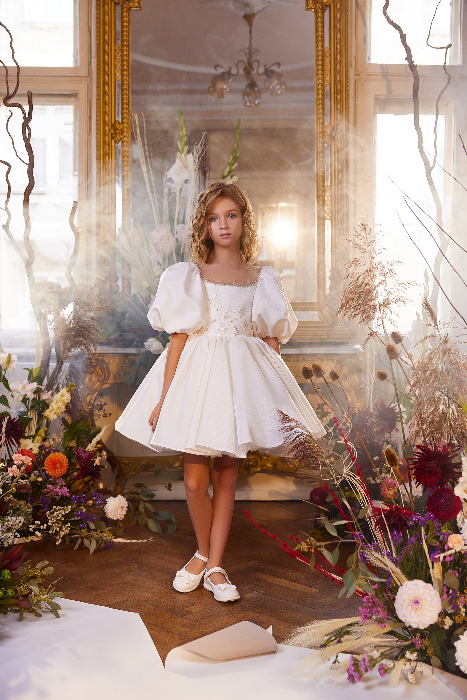 Pentelei 3406 Square Neck Puff Sleeve Ball Gown Kids Dress | FOSTANI