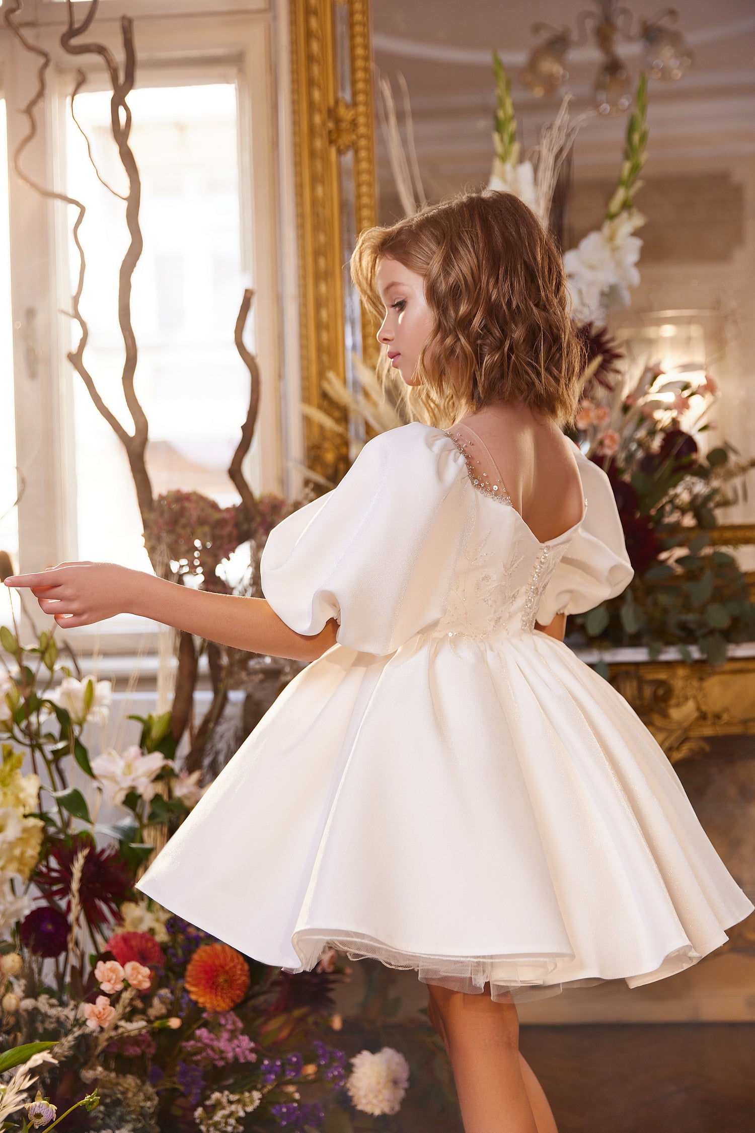 Pentelei 3406 Square Neck Puff Sleeve Ball Gown Kids Dress | FOSTANI