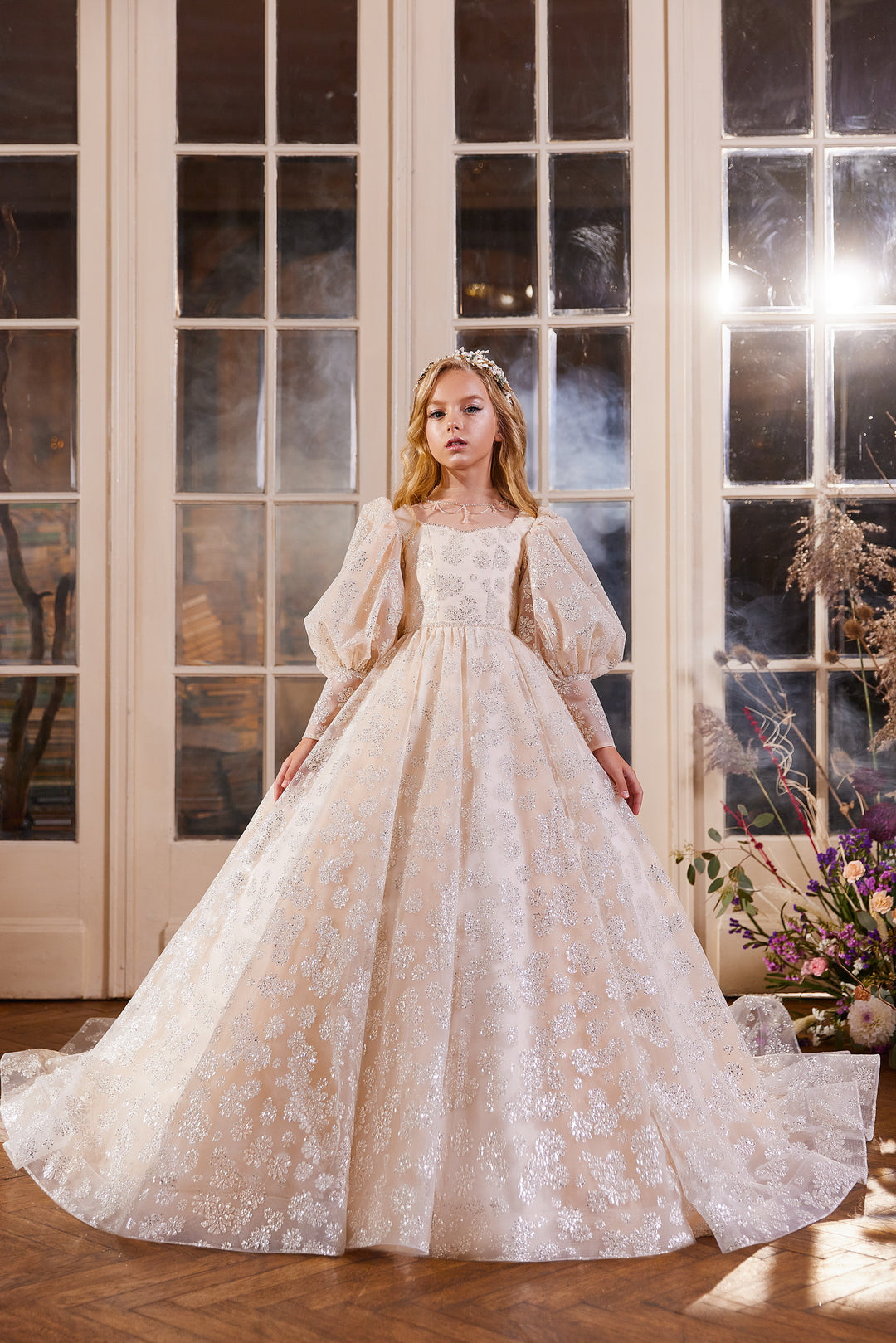 Pentelei 3408 Illusion Neckline Puff Sleeves Ball Gown Kids Dress