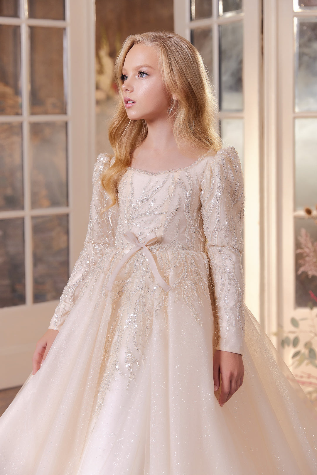 Pentelei 3424 Scoop Neckline Long Sleeves Corset Back Kids Dress
