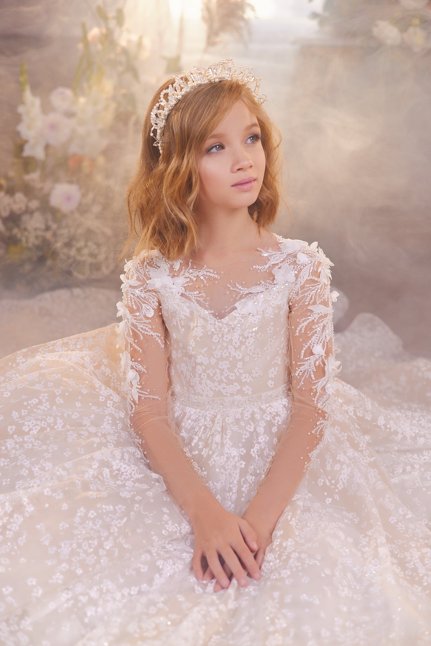 Pentelei 3428 Scoop Illusion Neckline Long Sleeves Ball Gown Kids